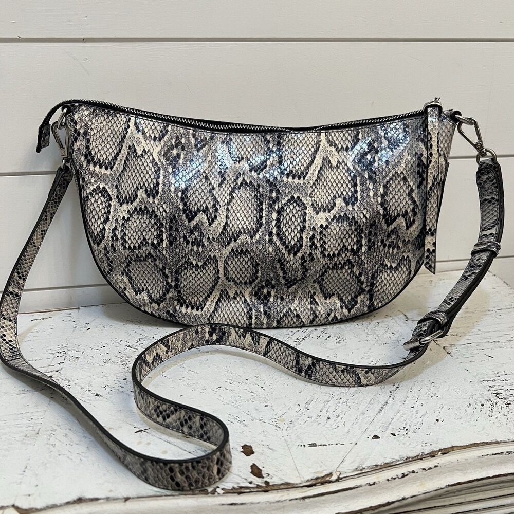 J. Jill Snake Print Grey Black Leather Crossbody Purse Boho Hobo